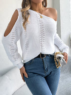Women Casual Solid Color Hollow Out Off-Shoulder Long Sleeve Pullover Sweater