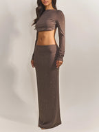 Mocha Rhinestone-Embellished Crop Top Maxi Dress