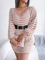 Women's Striped Lace-Up Knitted Dress