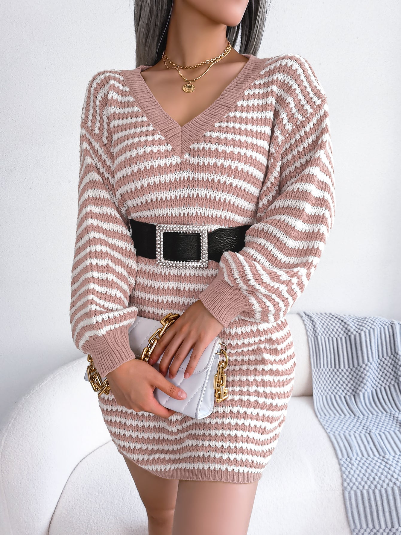 Women's Striped Lace-Up Knitted Dress