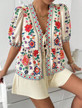 Women's Floral-print Cardigan With Tie-front Short-sleeve Top And Shorts Set