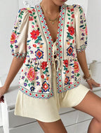 Women's Floral-print Cardigan With Tie-front Short-sleeve Top And Shorts Set