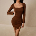 Women's Casual Brown Square-Neck Bodycon Split Dress