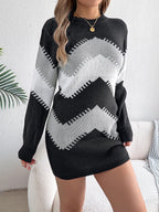 Women Casual Color Block Lantern Sleeve Sweater Dress