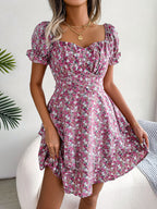 Women Mini Dress Temperament Big Swing Loose Hem Flower Print Shirring Dress Up Short Sleeves High Waist Summer Dress Clothes
