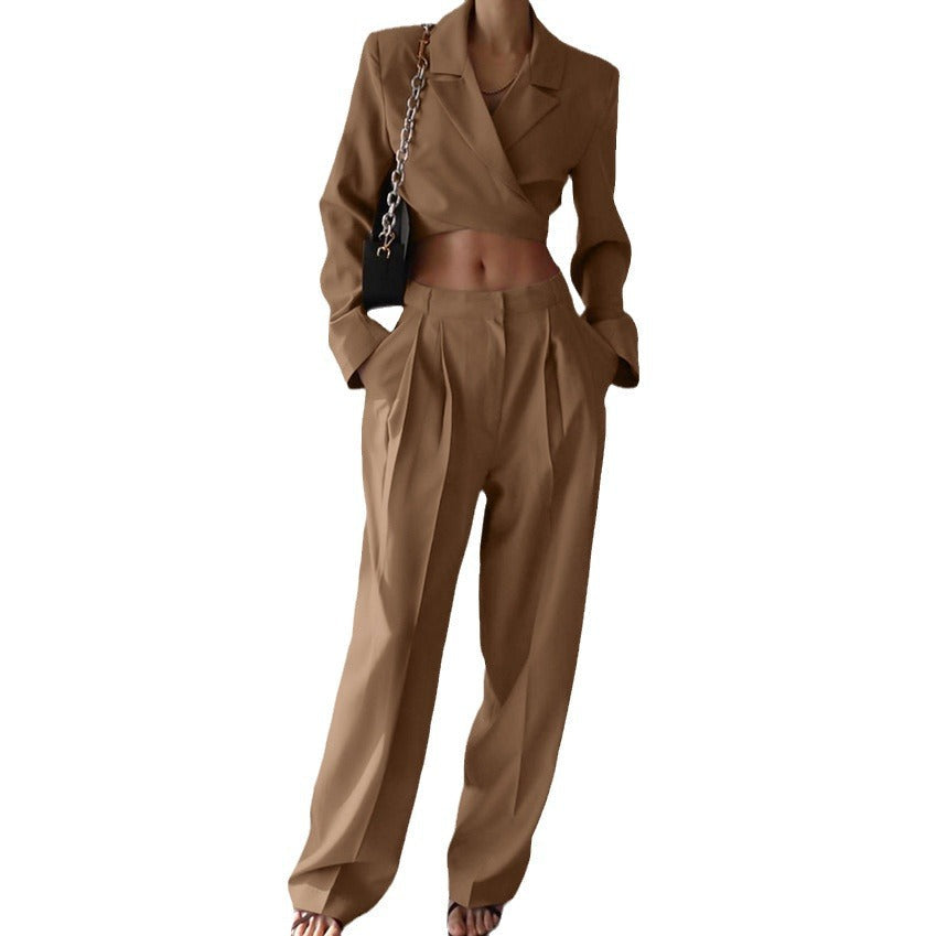 Long-sleeve Cropped Blazer And High-waist Casual Wide-leg Pants Set