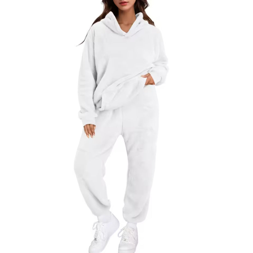 Women's Casual Solid-Color Fleece Hooded Long-Sleeve Top And Pants Set