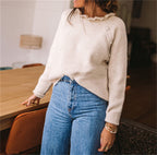 Fashionable Loose-Fit Solid-Color Knitted Sweater With Buttons And Ruffle Neck Long-Sleeve Top