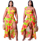 Women's Summer New Arrival One-Shoulder Irregular Printed Ruffle Hem Plus-Size Dress