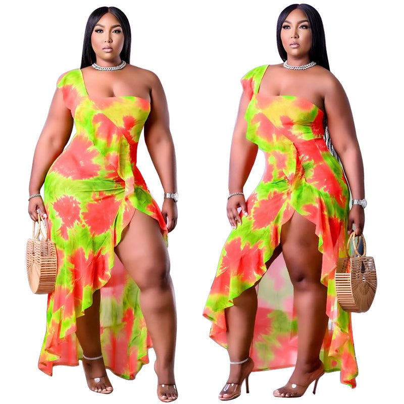 Women's Summer New Arrival One-Shoulder Irregular Printed Ruffle Hem Plus-Size Dress