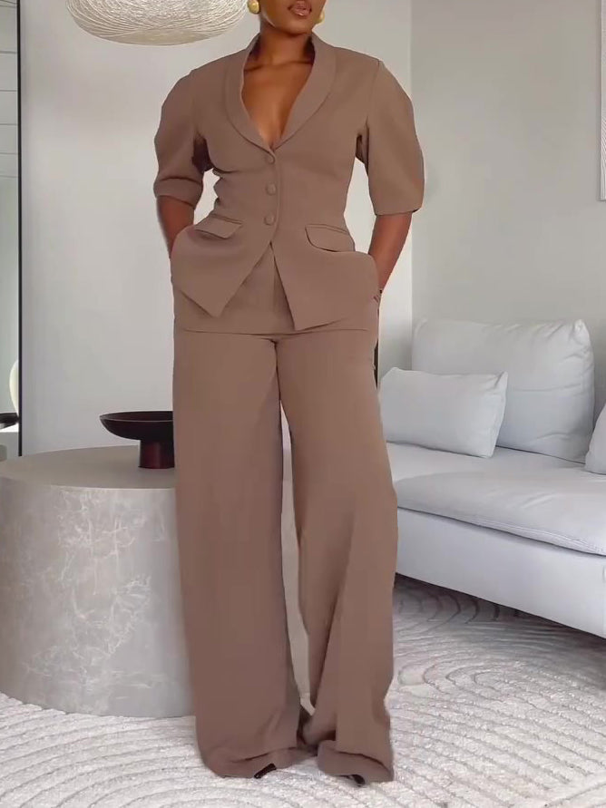 Brown Short-sleeved Blazer & High-waisted Pants Suit