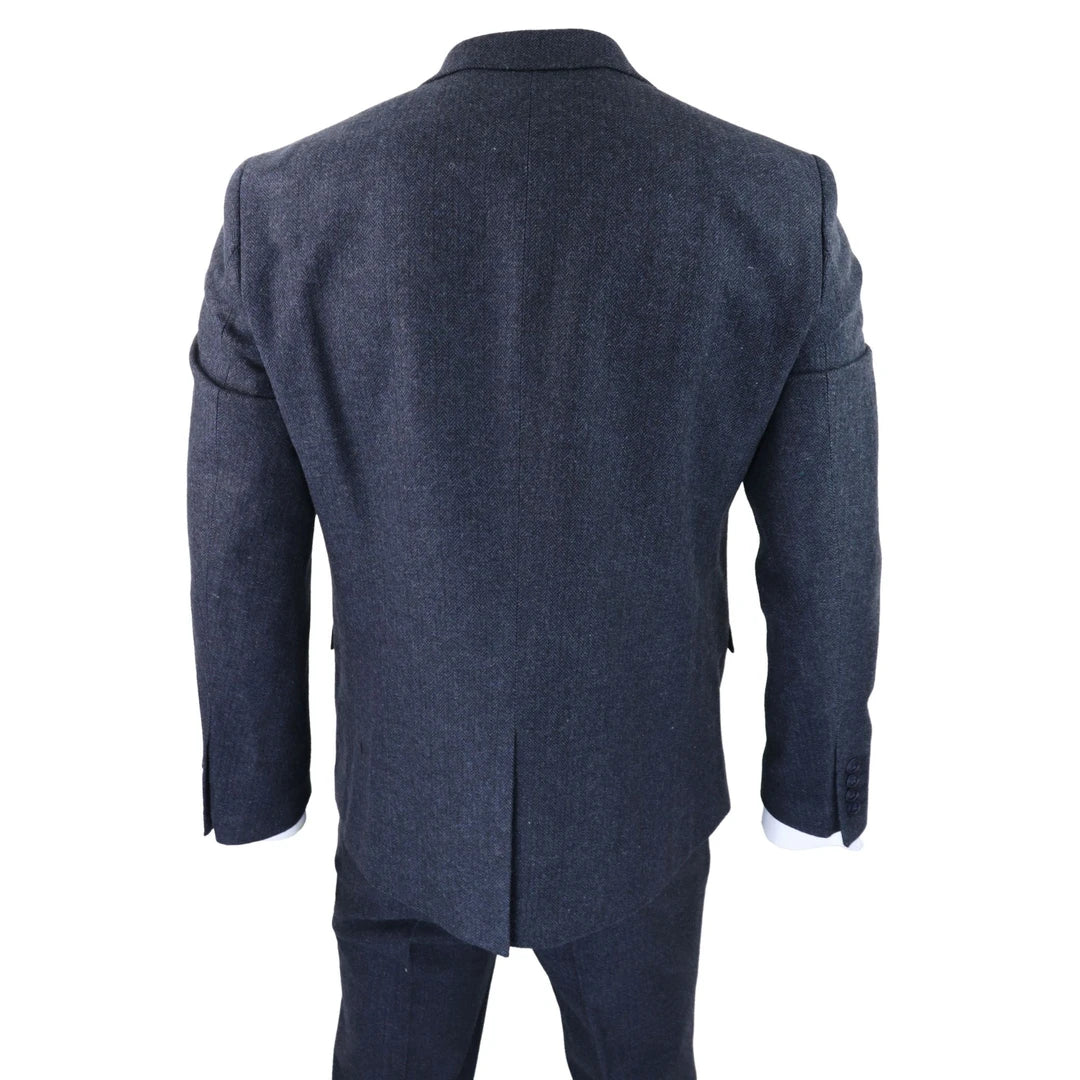 WS25 - Men's 3 Piece Tweed Suit Blue Double Breasted Waistcoat
