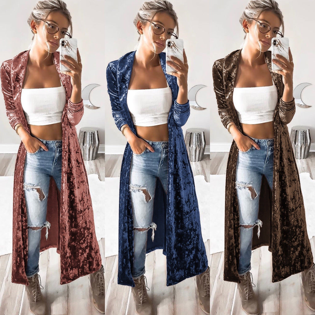 Long Sleeve Velvet Cardigan Windbreaker Long Coat Lady
