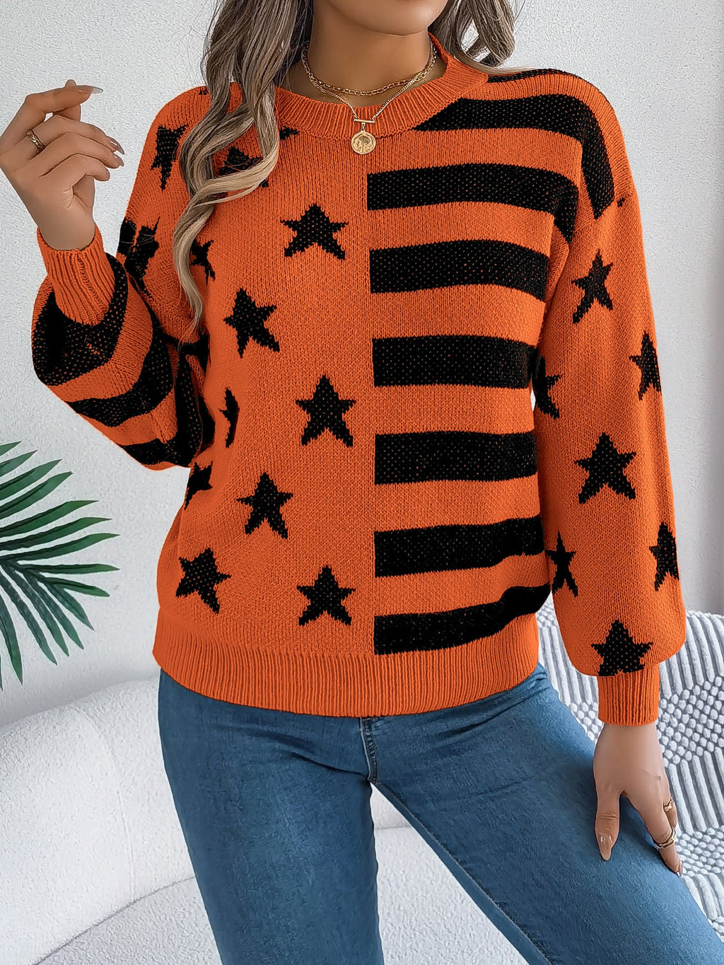 Women Casual Star Stripe Lantern Sleeve Long Sleeve Pullover Sweater