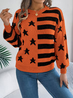 Women Casual Star Stripe Lantern Sleeve Long Sleeve Pullover Sweater