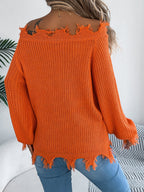 Women Solid Color Hollow Out Long Sleeve Distressed Off-Shoulder Pullover Sweater