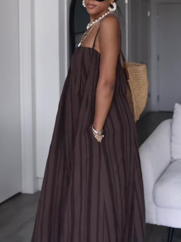 Brown Striped Suspender Pocket Loose Dress