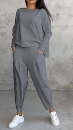 Women's Irregular Suit Long-sleeved Round Neck Top And Loose Harem Pants With Pockets Ins Fashion Trousers Set Women's Clothing
