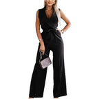 Women's Sleeveless Lapel-collar Wide-leg Jumpsuit With Belt And Pockets