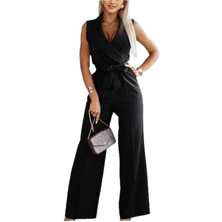 Women's Sleeveless Lapel-collar Wide-leg Jumpsuit With Belt And Pockets