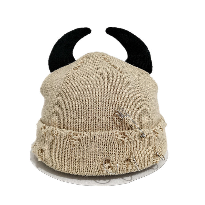 Knitted Wool Hat With Hole-decorated Gourd-shaped Devil-ear Pins