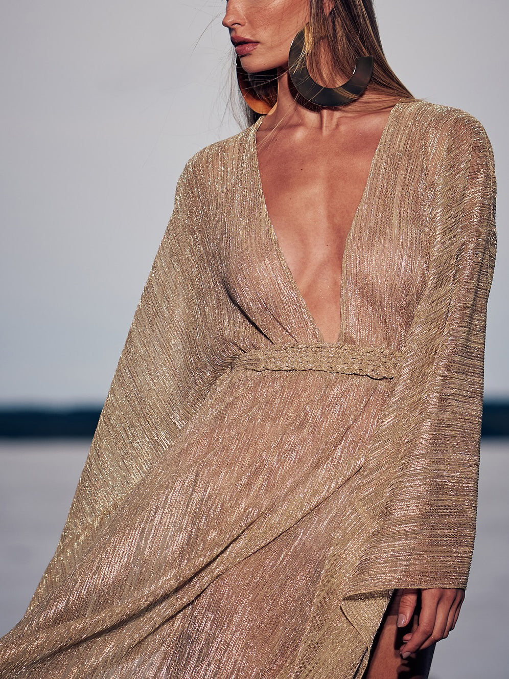 Champagne Deep V Pleated Dolman Sleeve Dress