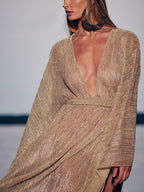 Champagne Deep V Pleated Dolman Sleeve Dress