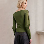 Women's Knit Top With A Boat Neckline Off-the-shoulder Design Long Sleeves Personalized Hollow-out Detailing And Twisted Cuff Accents For A Figure-hugging Fit
