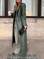 Olive Green Leather Maxi Trench Coat With Shoulder Pads