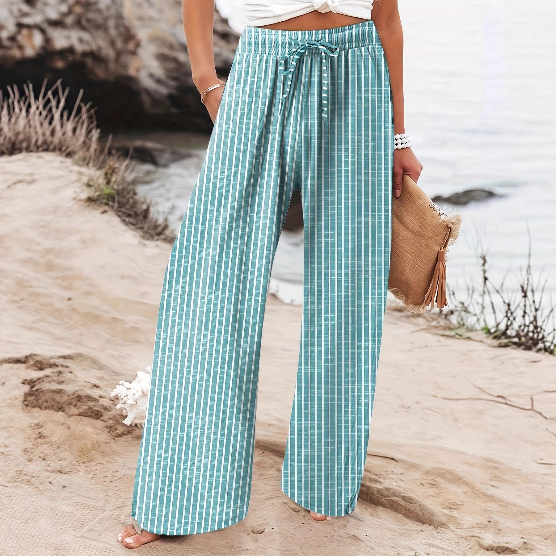 Women's Casual Loose-Fit Colorful Striped Pants With Pockets And DrawstringPerfect For Spring Summer And Autumn Beach Vacations