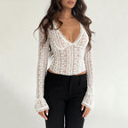 Women's Lace Sheer Top With Flared Sleeves And Cropped Design