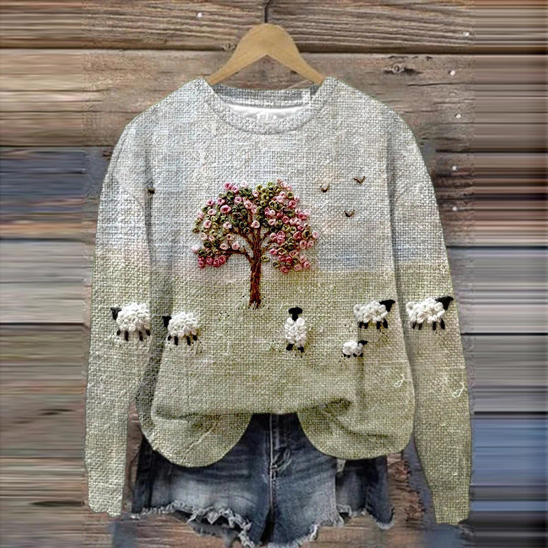 Digital-print Rabbit Amidst A Floral Meadowartistic Outfit Warm Chunky-knit Crewneck Hoodie
