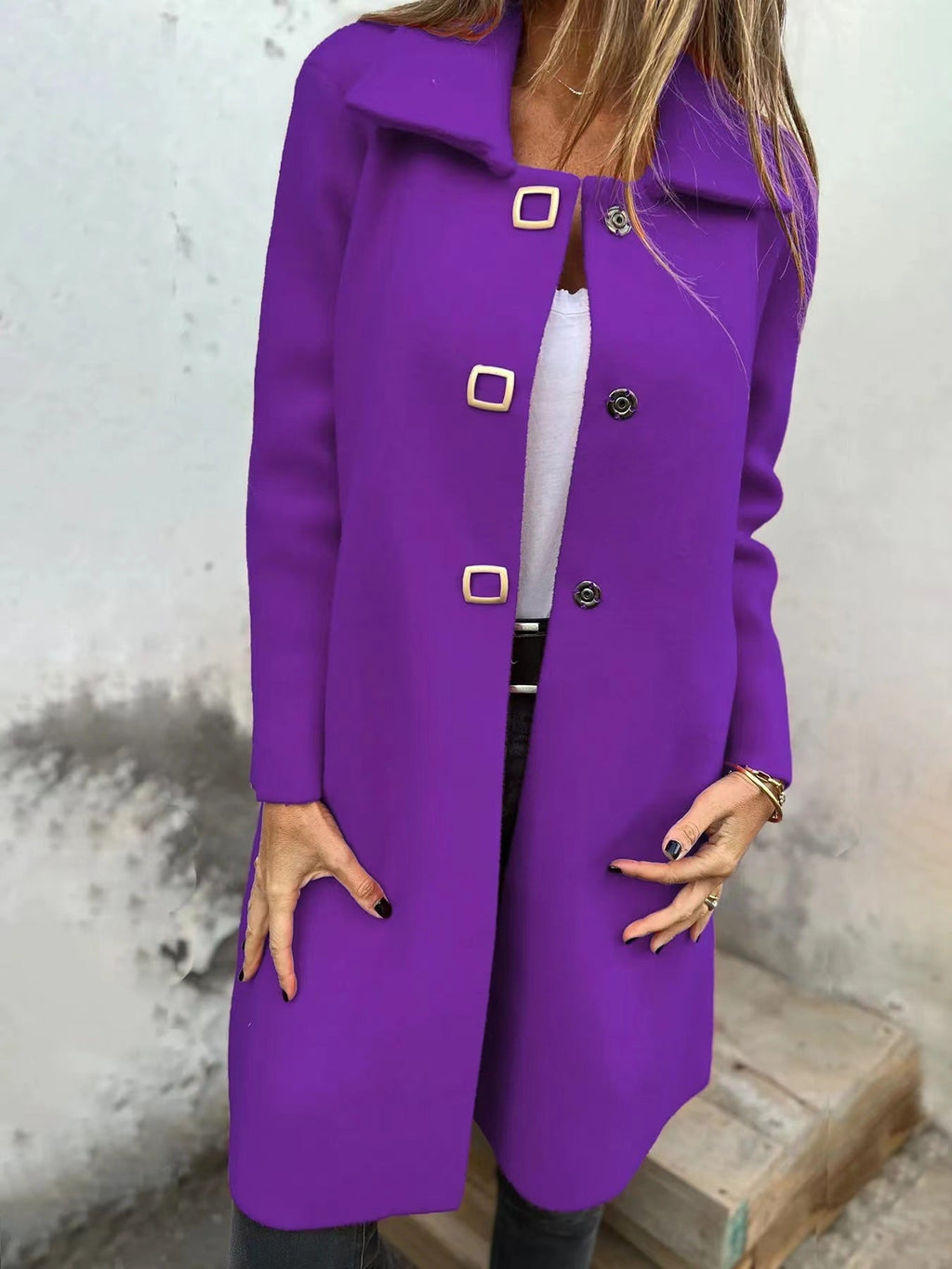 Women's Solid-color Mid-length Wool Coat With A Single-breasted Design