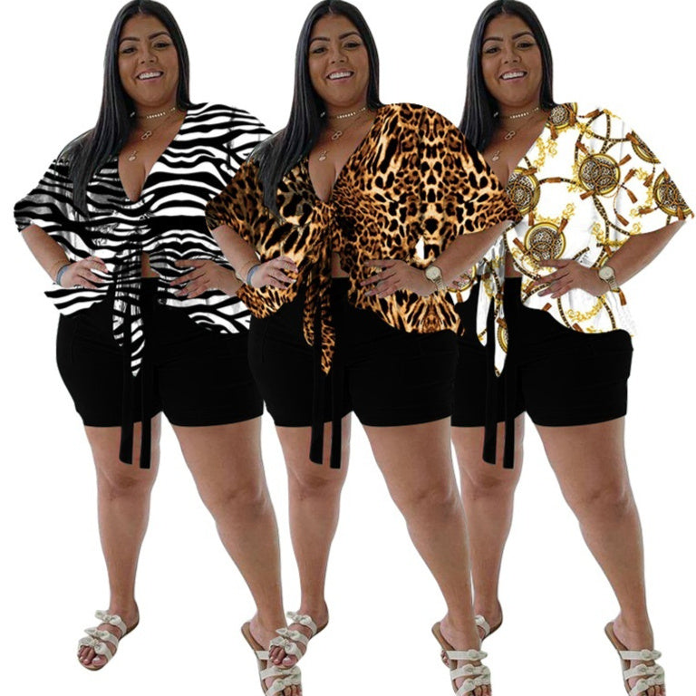 Women's Strappy Short-Sleeve Top And Printed Shorts Sports Set