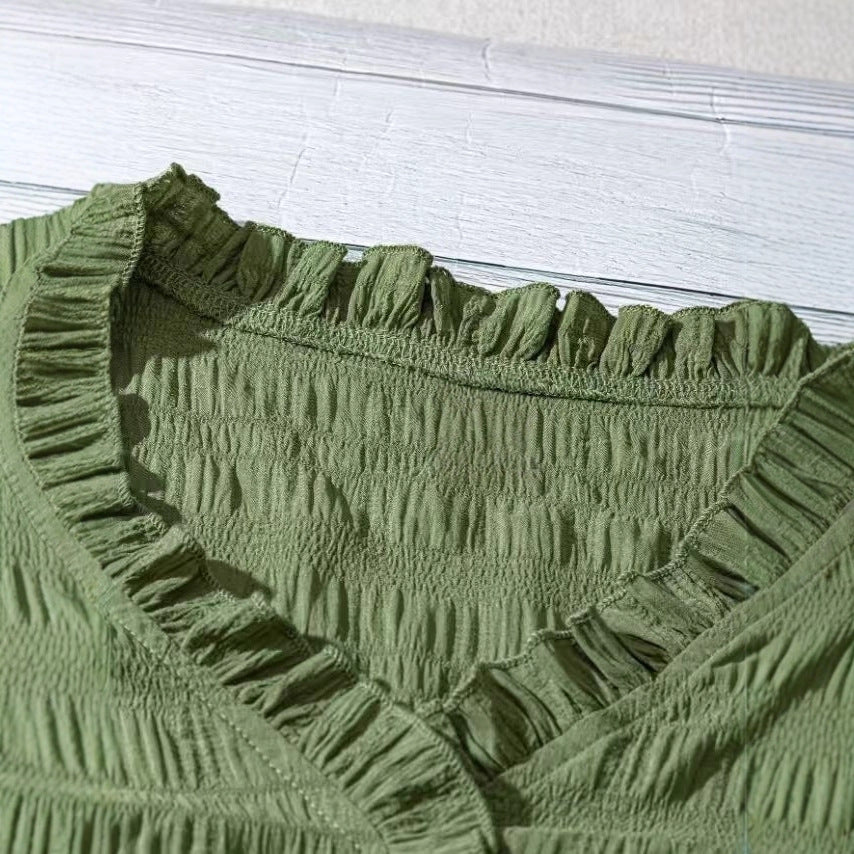 New Women's V-neck Ruffled Short-sleeve Blouse Loose-fit Figure-flattering Top With Lace Detailing