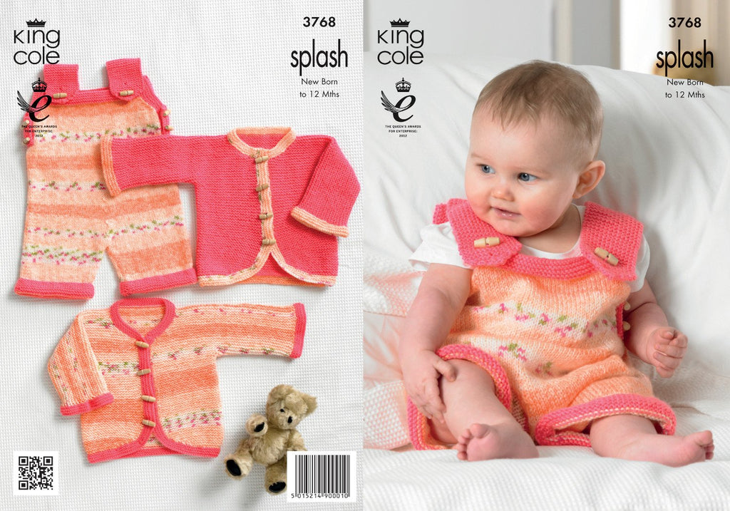 King Cole Double Knitting Pattern Splash DK Baby Set Knitted Dungarees & Cardigans 3768