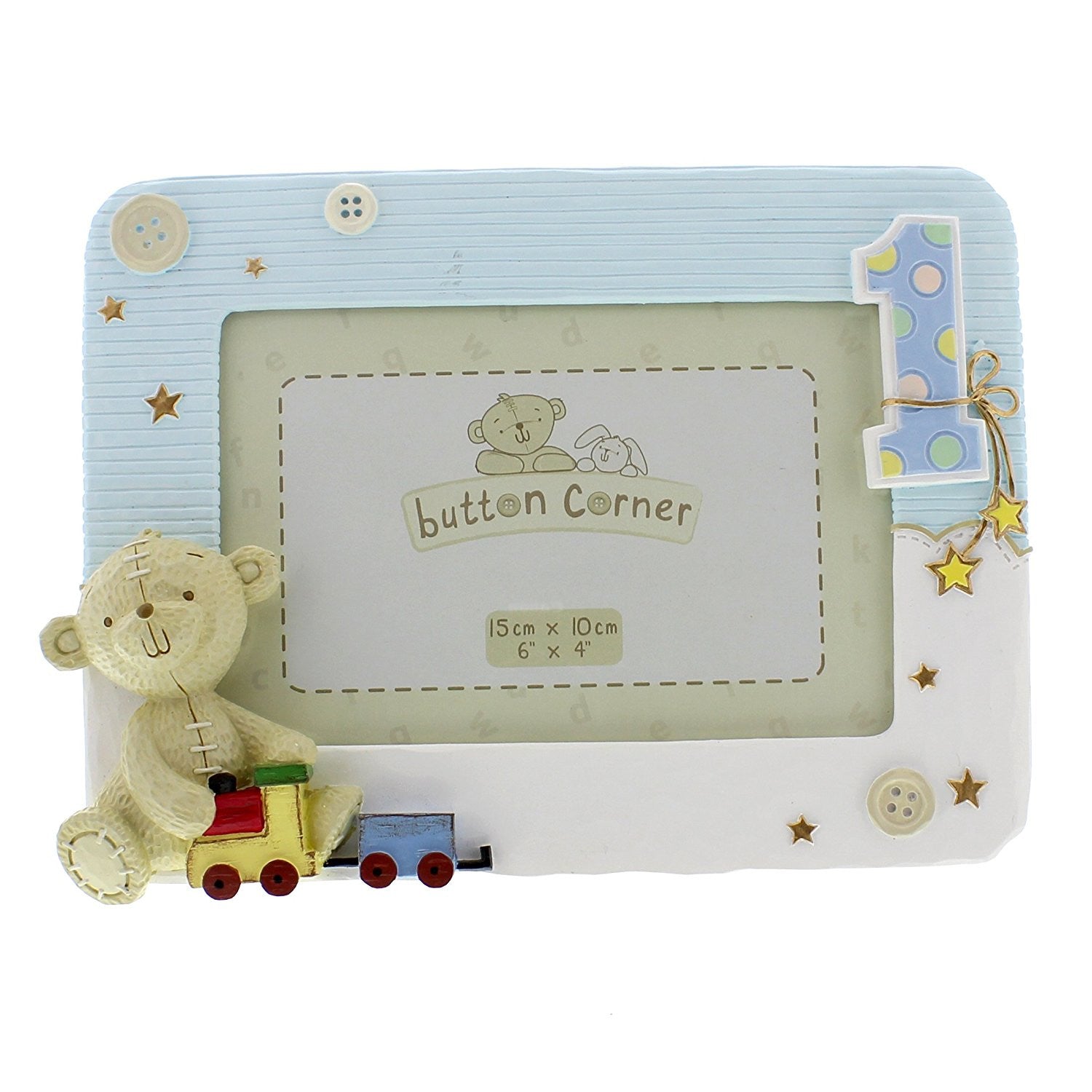Button Corner 1st Birthday Blue Resin Photo Frame - Baby Boy frame with teddy