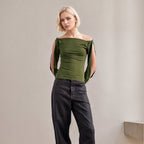 Women's Knit Top With A Boat Neckline Off-the-shoulder Design Long Sleeves Personalized Hollow-out Detailing And Twisted Cuff Accents For A Figure-hugging Fit