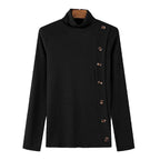 European And American Men Casual Sweater Turtleneck Buttons Solid Color Long Sleeve