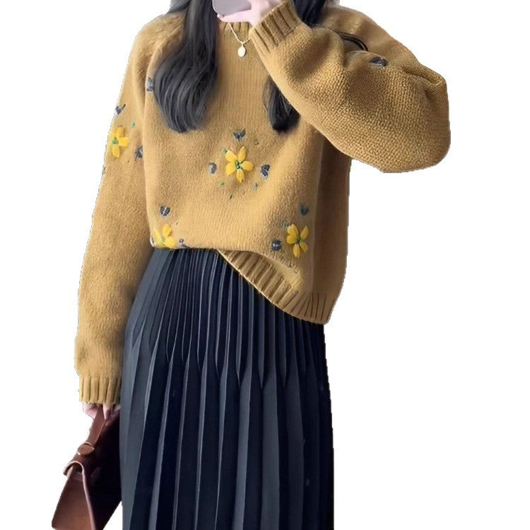 Orange-gelber Vintage Pullover mit Stickerei für Damen im entspannten und lässigen Stil