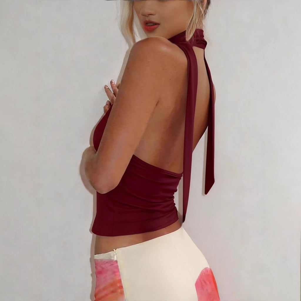 Deep V-neck Ruched Slim-fit Backless Short Womens Top