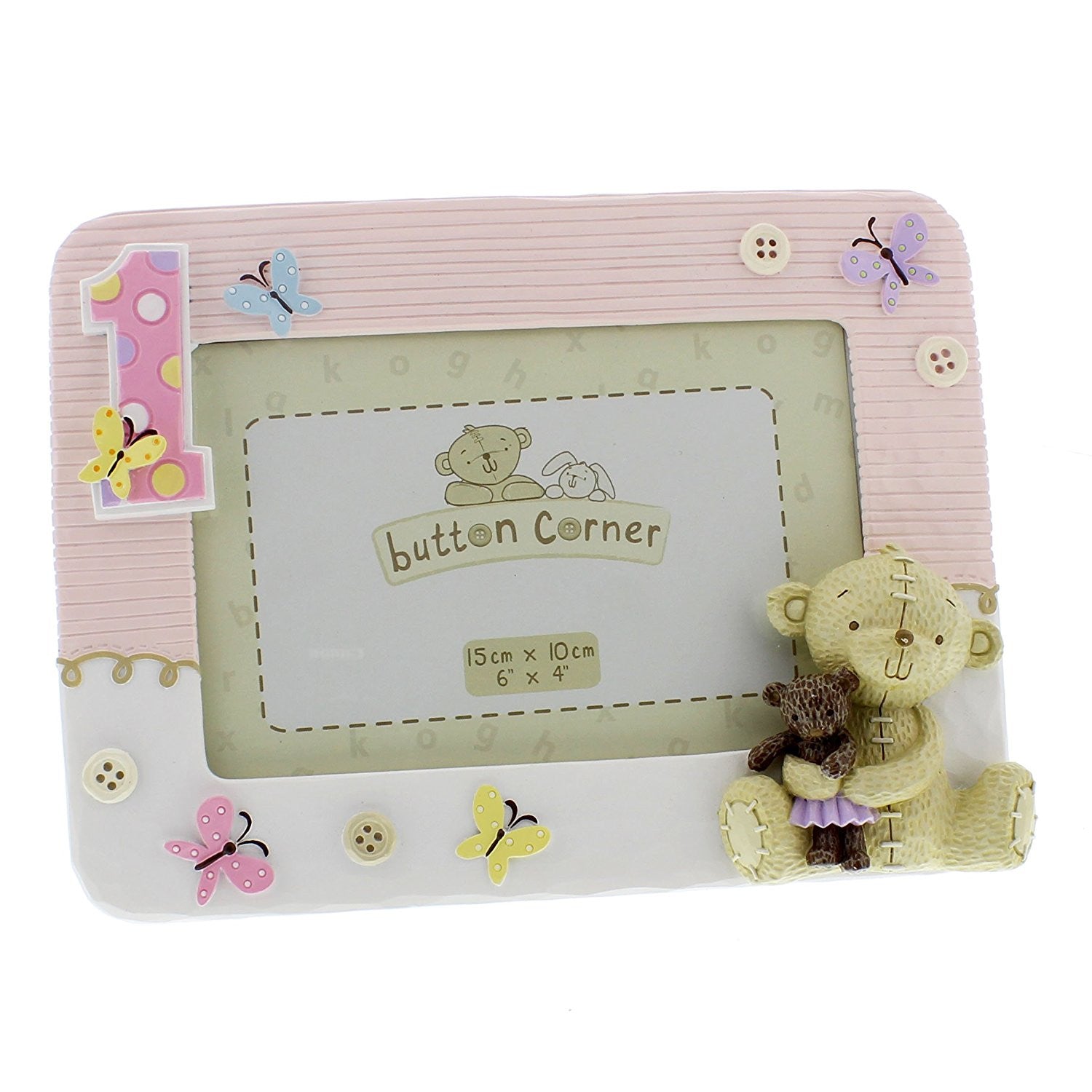 Button Corner 1st Birthday Pink Resin Photo Frame - Baby Girl frame with teddy