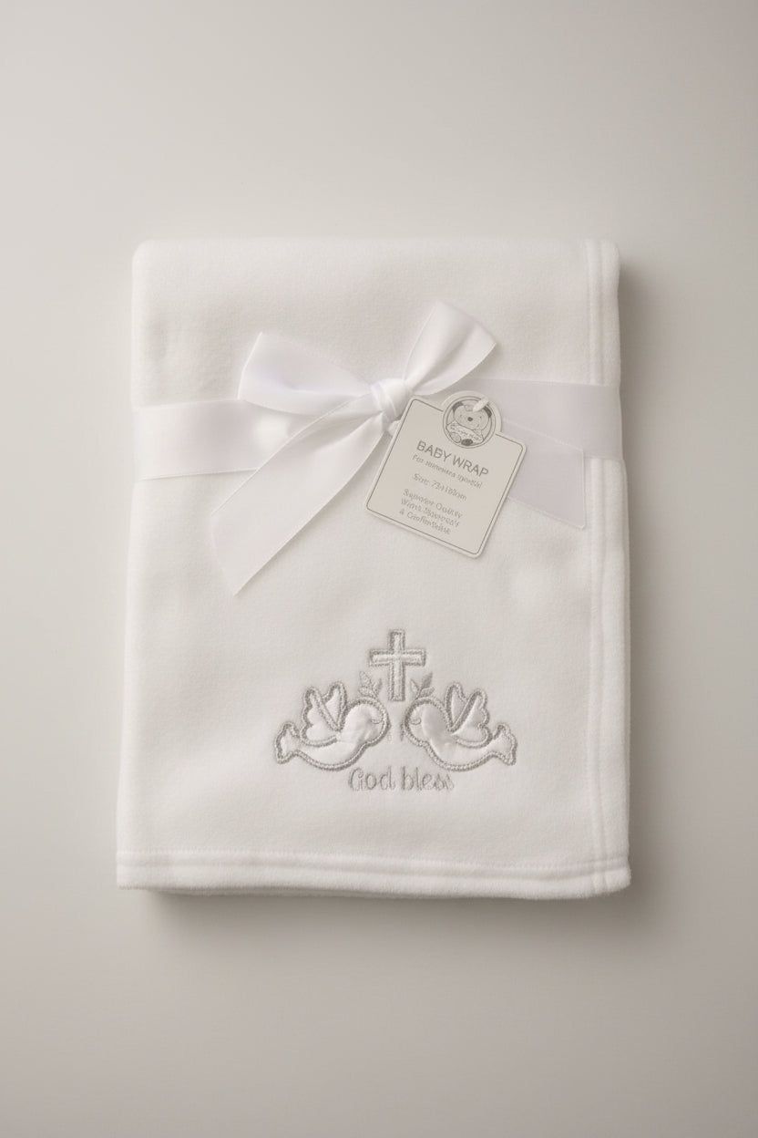 Baby White Silver God Bless Doves and Cross Wrap Blanket 100cm x 75cm approx