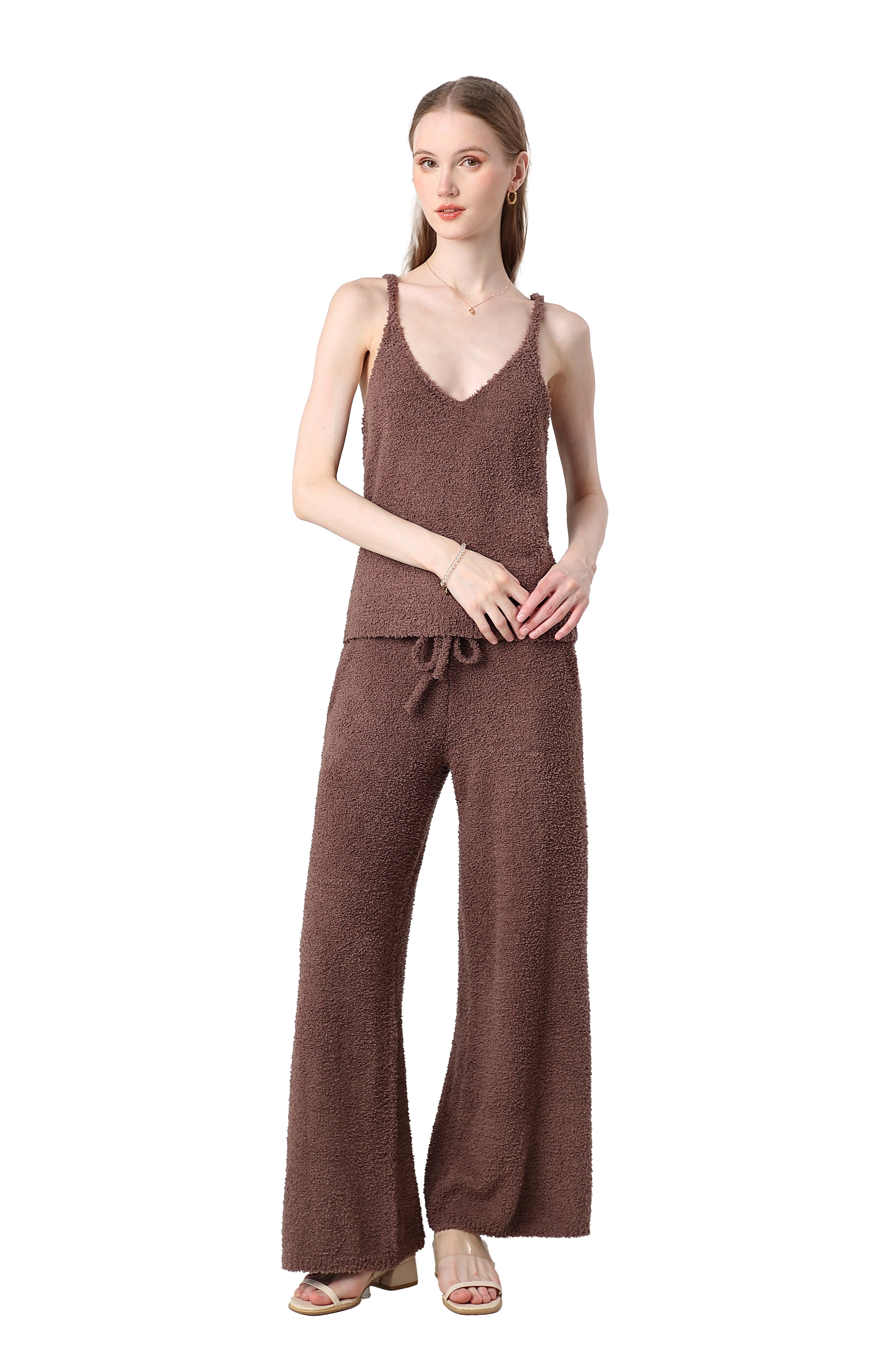 Women's Plush Two-piece Jumpsuit, Short-sleeved Bandeau Top, Wide-leg Pants, Eye-catching Outfit