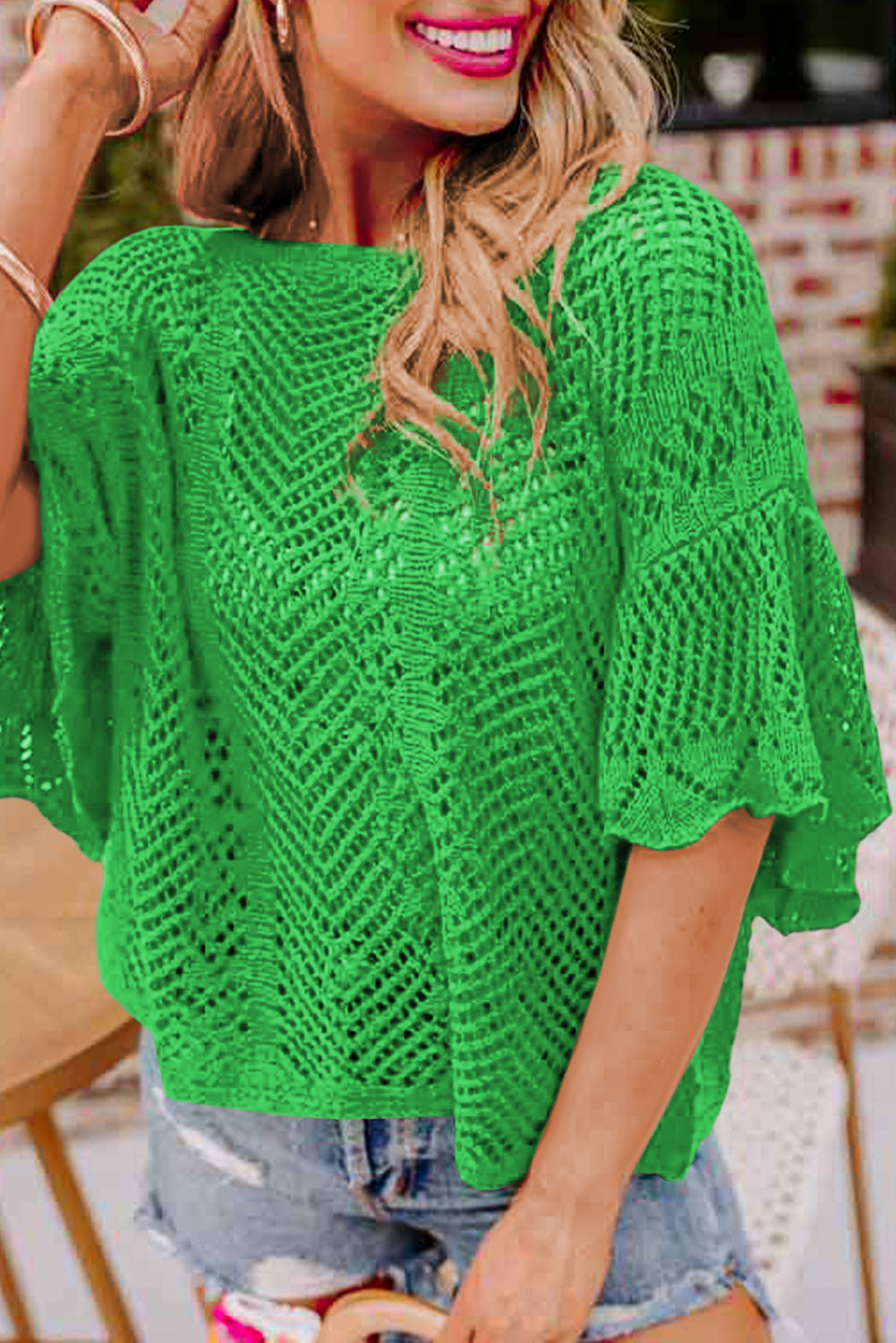 Green Pointelle Knit Scallop Trim Blouse Women UK