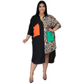 Distinctive Shirt Leopard-print Patchwork With Pockets Plus-size Dress