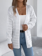 Women Solid Color Hollow Out Lantern Sleeve Long Sleeve Cardigan Sweater Coat