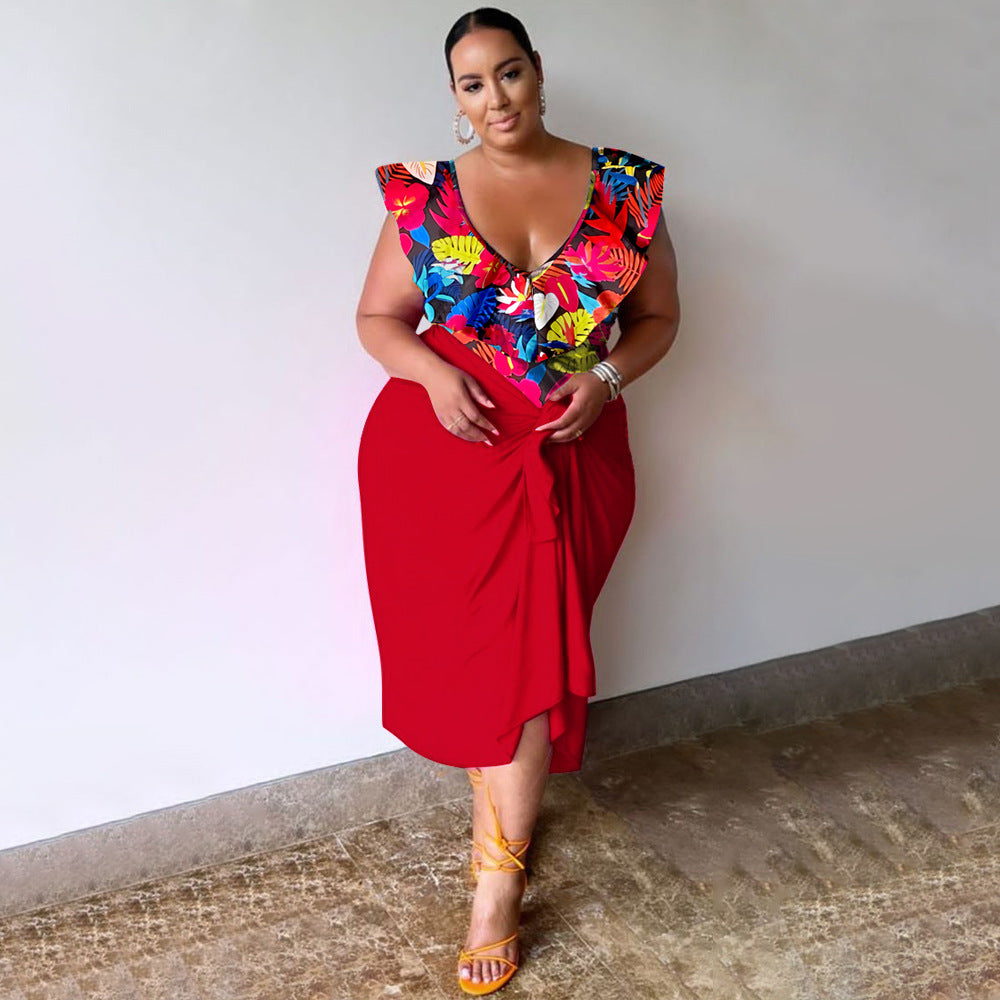 New Stylish Casual V-neck Printed Jumpsuit Printed Skirt Plus-size Two-piece Set