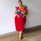New Stylish Casual V-neck Printed Jumpsuit Printed Skirt Plus-size Two-piece Set