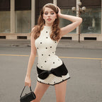 Round-neck Sleeveless Waist-cinching Contrast-color Printed Dress